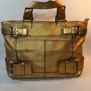 Y2K KORS Vintage Metallic Gold Leather Buckle Belted Tote Satchel Handbag